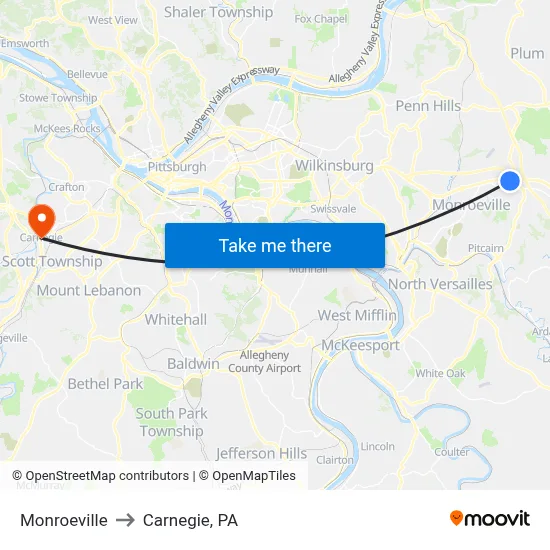 Monroeville to Carnegie, PA map