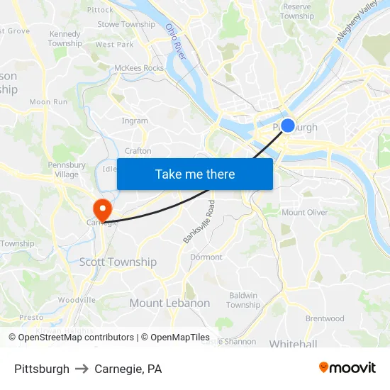 Pittsburgh to Carnegie, PA map