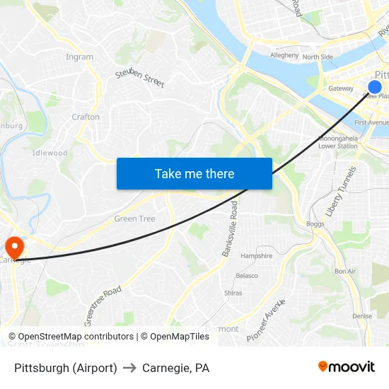 Pittsburgh (Airport) to Carnegie, PA map
