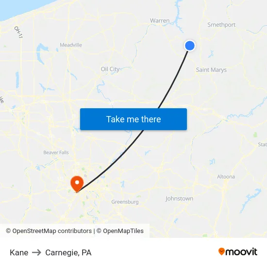 Kane to Carnegie, PA map