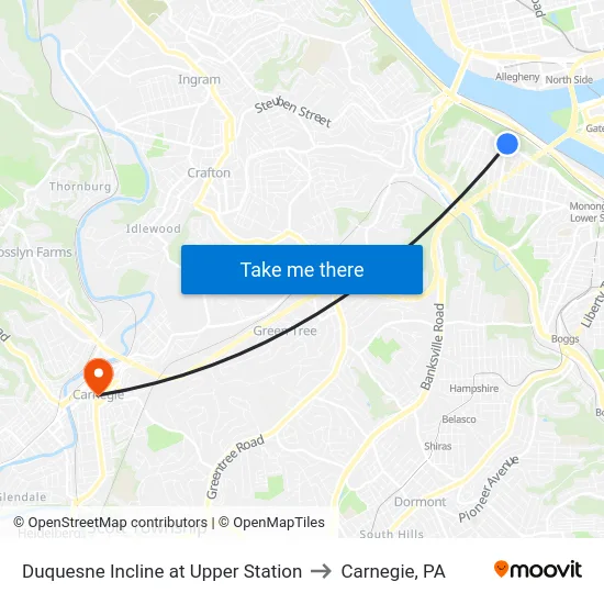 Duquesne Incline at Upper Station to Carnegie, PA map