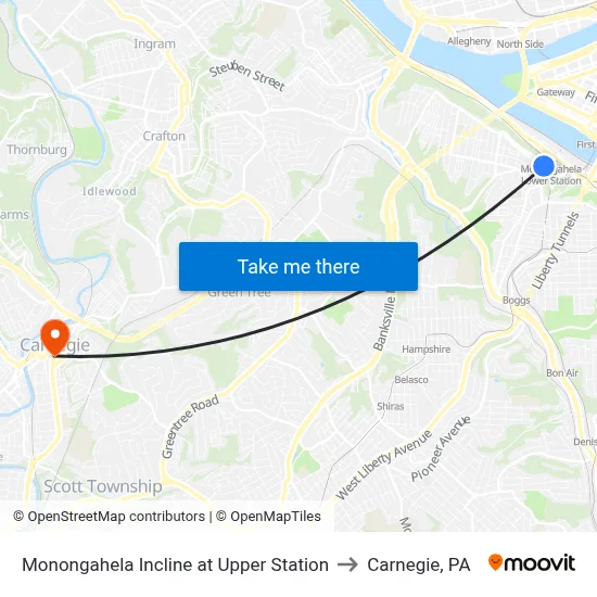 Monongahela Incline at Upper Station to Carnegie, PA map