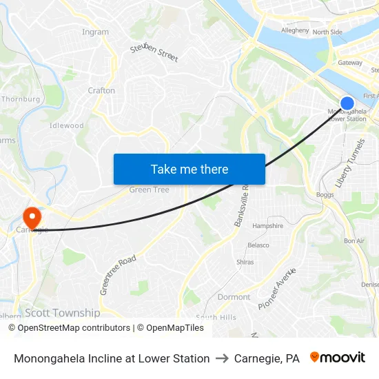Monongahela Incline at Lower Station to Carnegie, PA map