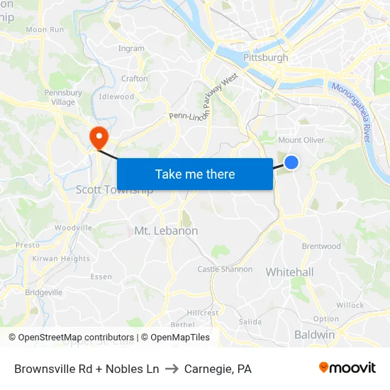 Brownsville Rd + Nobles Ln to Carnegie, PA map