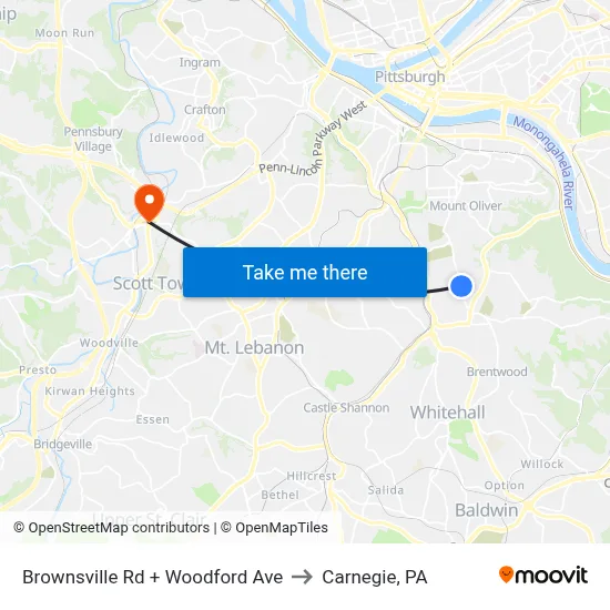 Brownsville Rd + Woodford Ave to Carnegie, PA map