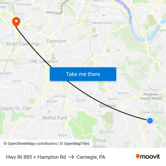 Hwy Rt 885 + Hampton Rd to Carnegie, PA map