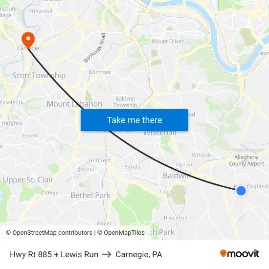 Hwy Rt 885 + Lewis Run to Carnegie, PA map