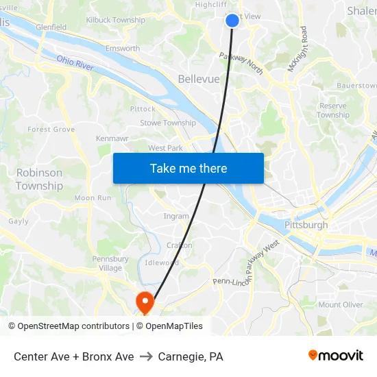 Center Ave + Bronx Ave to Carnegie, PA map