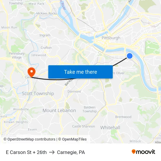 E Carson St + 26th to Carnegie, PA map