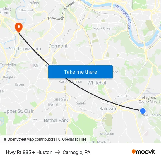 Hwy Rt 885 + Huston to Carnegie, PA map
