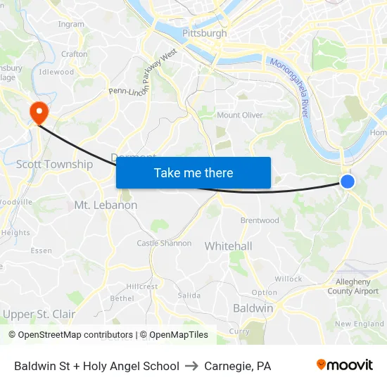Baldwin St + Holy Angel School to Carnegie, PA map