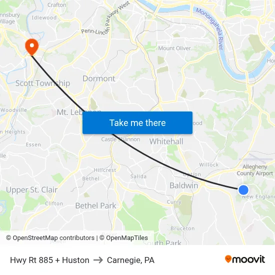 Hwy Rt 885 + Huston to Carnegie, PA map