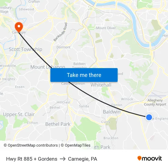 Hwy Rt 885 + Gordens to Carnegie, PA map