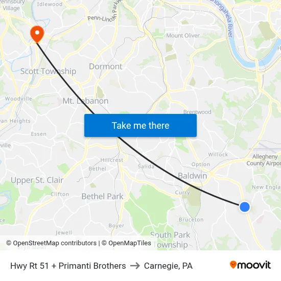 Hwy Rt 51 + Primanti Brothers to Carnegie, PA map