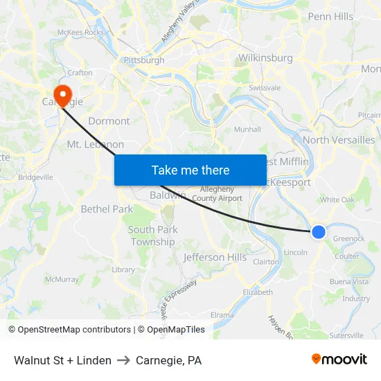 Walnut St + Linden to Carnegie, PA map