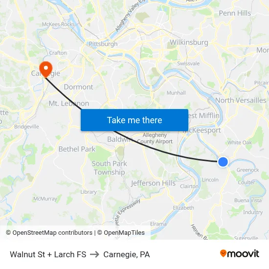 Walnut St + Larch FS to Carnegie, PA map