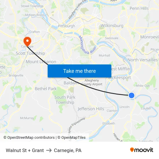 Walnut St + Grant to Carnegie, PA map