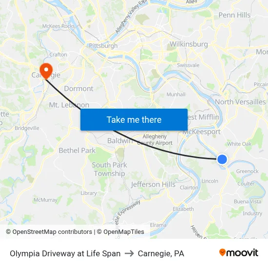 Olympia Driveway at Life Span to Carnegie, PA map