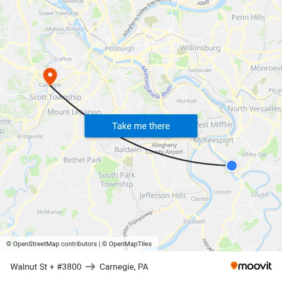 Walnut St + #3800 to Carnegie, PA map