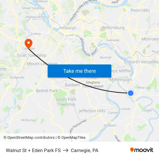 Walnut St + Eden Park FS to Carnegie, PA map