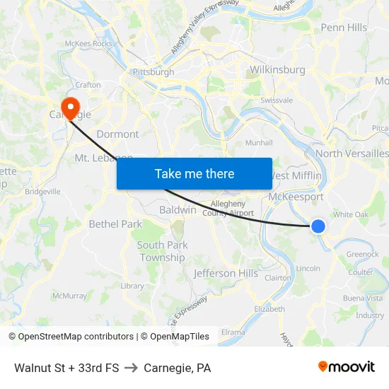 Walnut St + 33rd FS to Carnegie, PA map