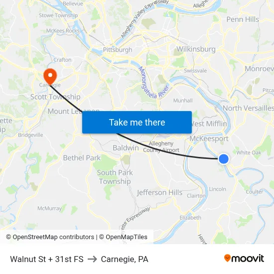 Walnut St + 31st FS to Carnegie, PA map