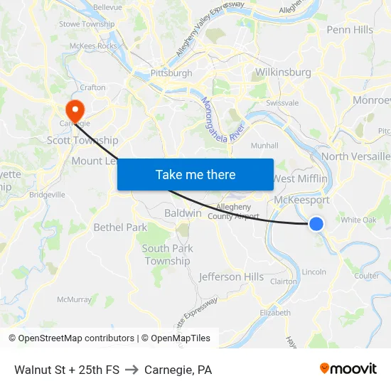 Walnut St + 25th FS to Carnegie, PA map