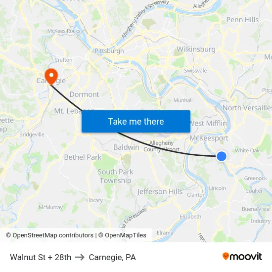 Walnut St + 28th to Carnegie, PA map