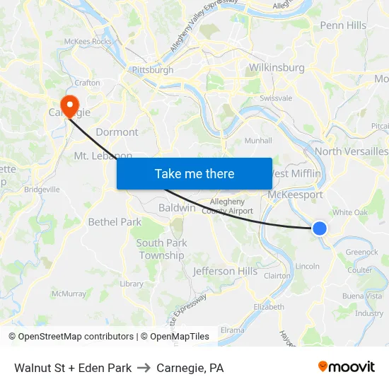 Walnut St + Eden Park to Carnegie, PA map
