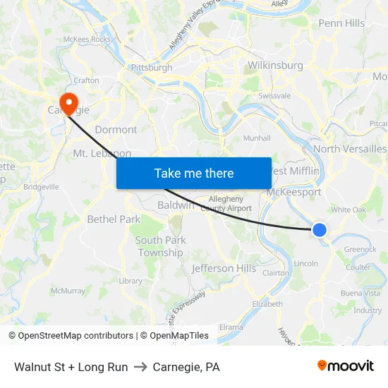 Walnut St + Long Run to Carnegie, PA map
