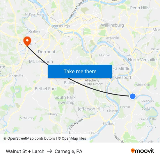 Walnut St + Larch to Carnegie, PA map