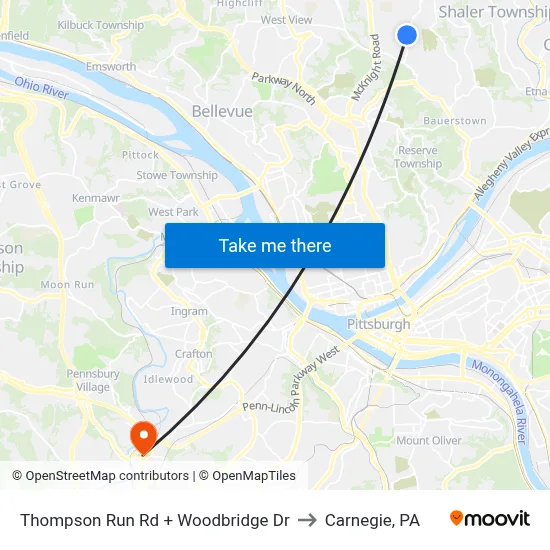 Thompson Run Rd + Woodbridge Dr to Carnegie, PA map