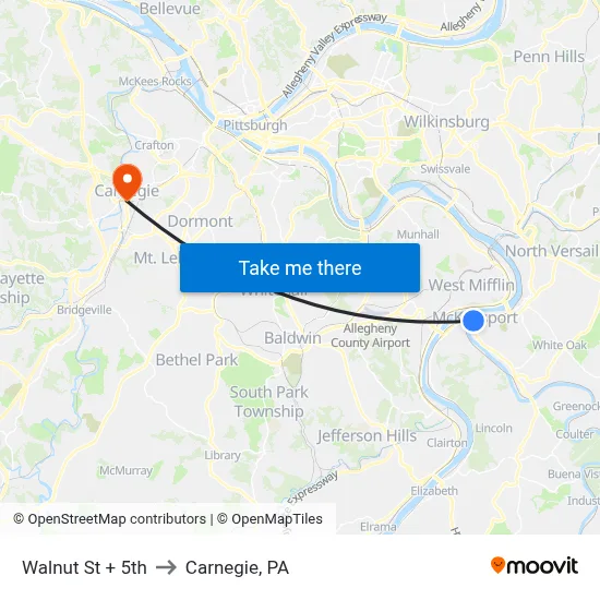 Walnut St + 5th to Carnegie, PA map