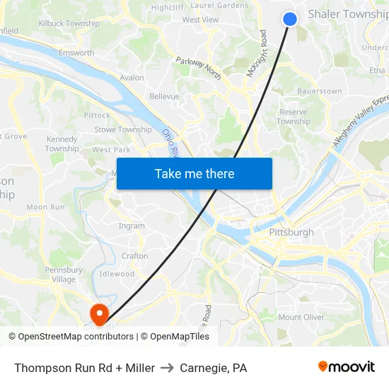 Thompson Run Rd + Miller to Carnegie, PA map