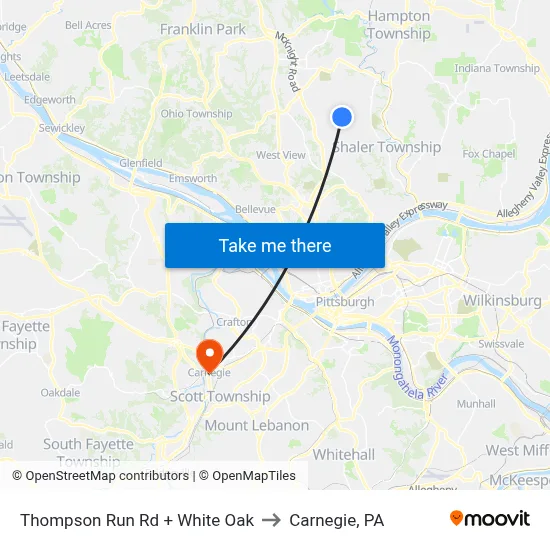 Thompson Run Rd + White Oak to Carnegie, PA map