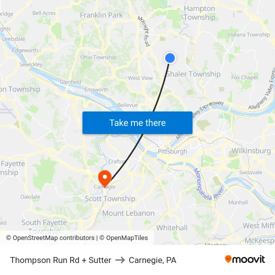 Thompson Run Rd + Sutter to Carnegie, PA map