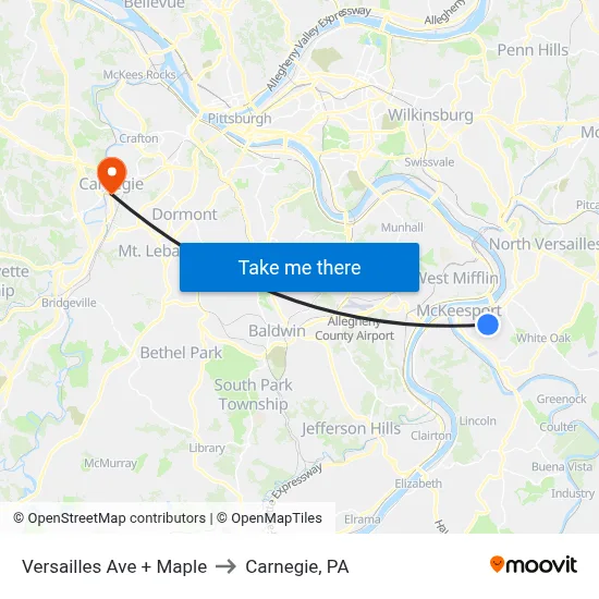 Versailles Ave + Maple to Carnegie, PA map