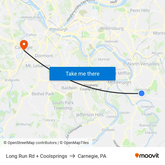 Long Run Rd + Coolsprings to Carnegie, PA map