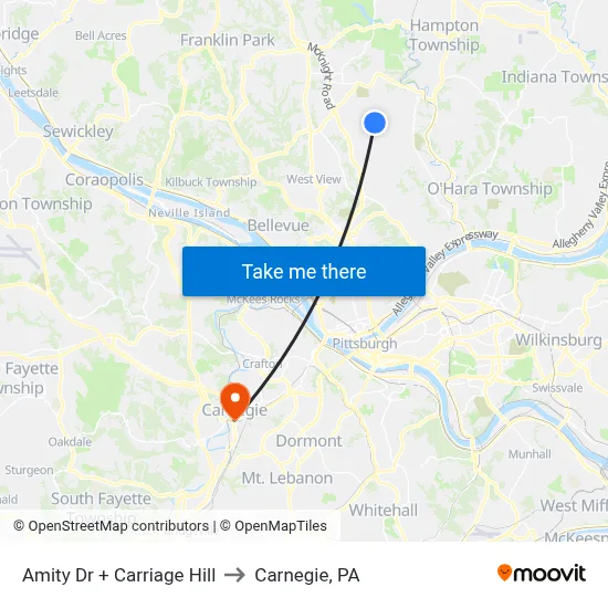 Amity Dr + Carriage Hill to Carnegie, PA map