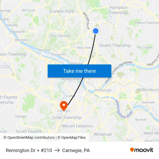 Remington Dr + #210 to Carnegie, PA map