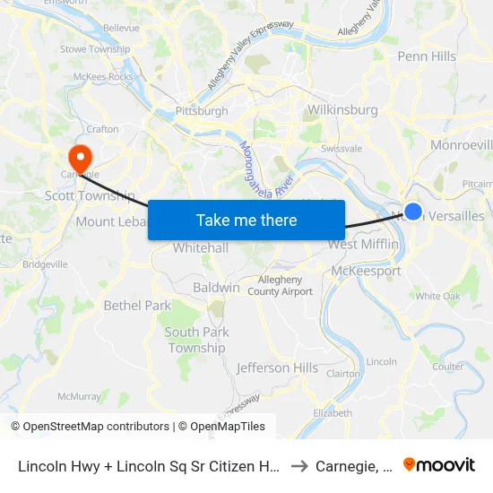 Lincoln Hwy + Lincoln Sq Sr Citizen Home to Carnegie, PA map