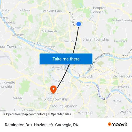 Remington Dr + Hazlett to Carnegie, PA map