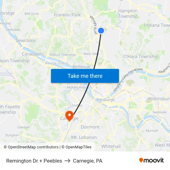 Remington Dr + Peebles to Carnegie, PA map