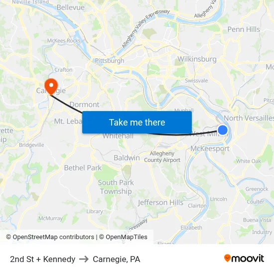2nd St + Kennedy to Carnegie, PA map