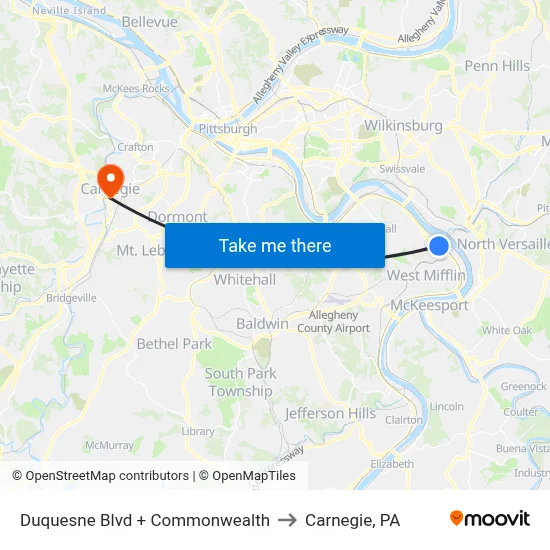 Duquesne Blvd + Commonwealth to Carnegie, PA map