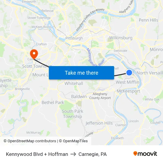 Kennywood Blvd + Hoffman to Carnegie, PA map