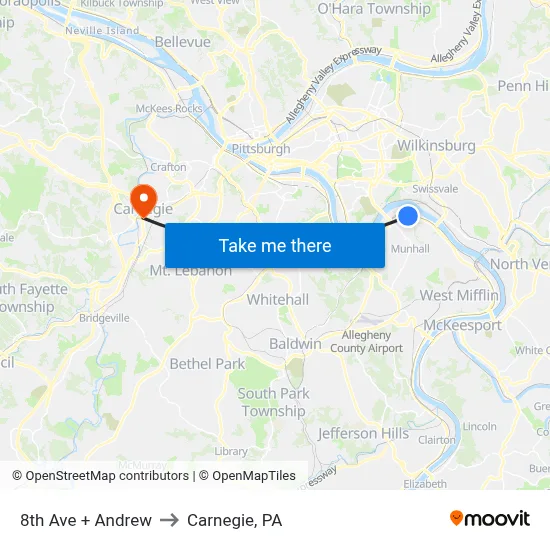 8th Ave + Andrew to Carnegie, PA map