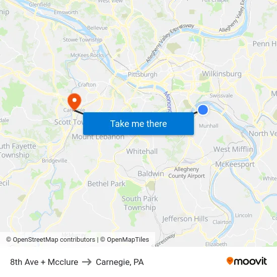 8th Ave + Mcclure to Carnegie, PA map