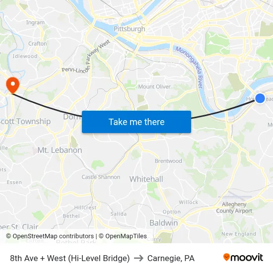 8th Ave + West (Hi-Level Bridge) to Carnegie, PA map
