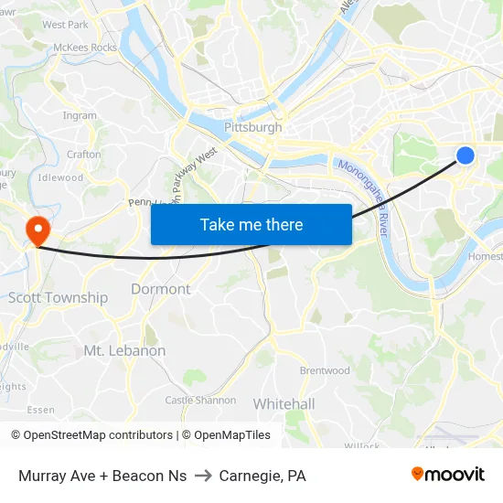 Murray Ave + Beacon Ns to Carnegie, PA map